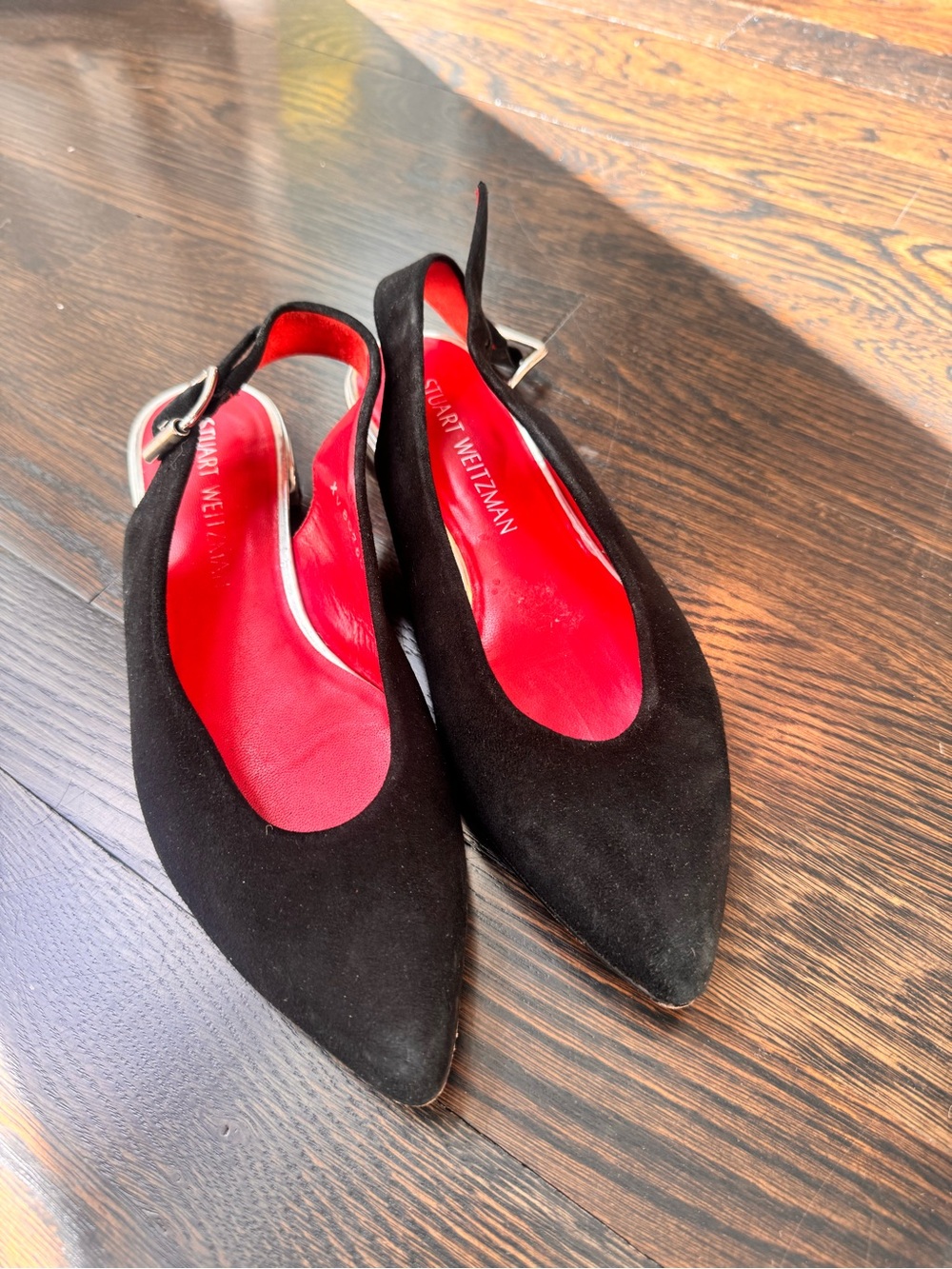 Stuart Weitzman Black Suede Pointed Slingback Flats